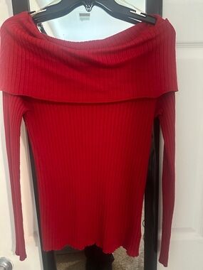 Iz Byer Red Ribbed Off-the-Shoulder Sweater